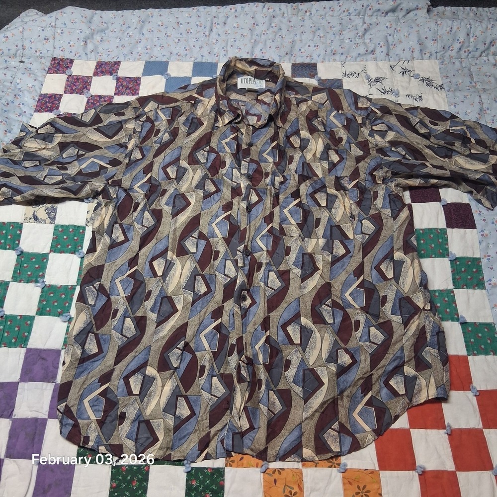 Vintage Utopia Abstract Busy Silk‎ Short Sleeve Shirt Size Large